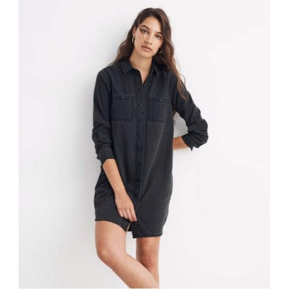 Madewell Faded Black Denim Shirt Dress Long Sleeves Pockets Style #H2278 Size XS